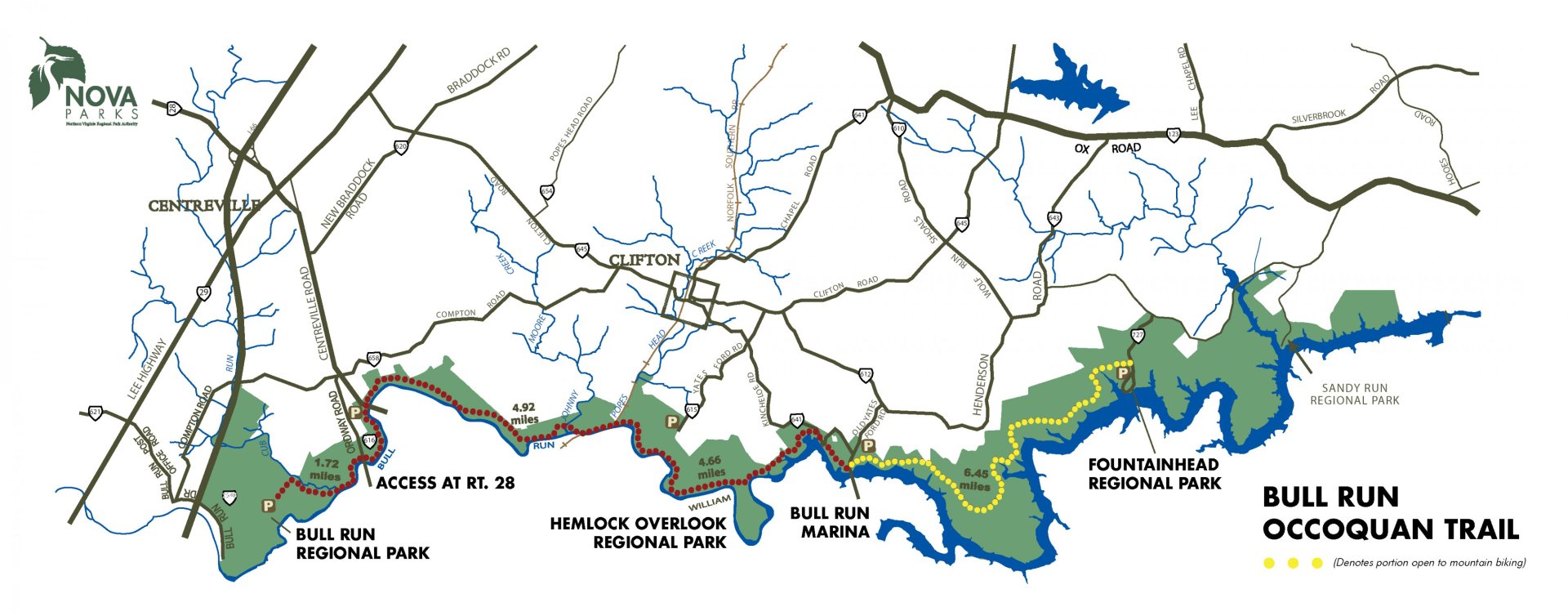 Map of the Bull Run Occoquan Trail with a route split into two days