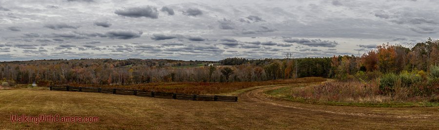 A wide grassy landscape leads toward autumn-colored woods under layered gray clouds.