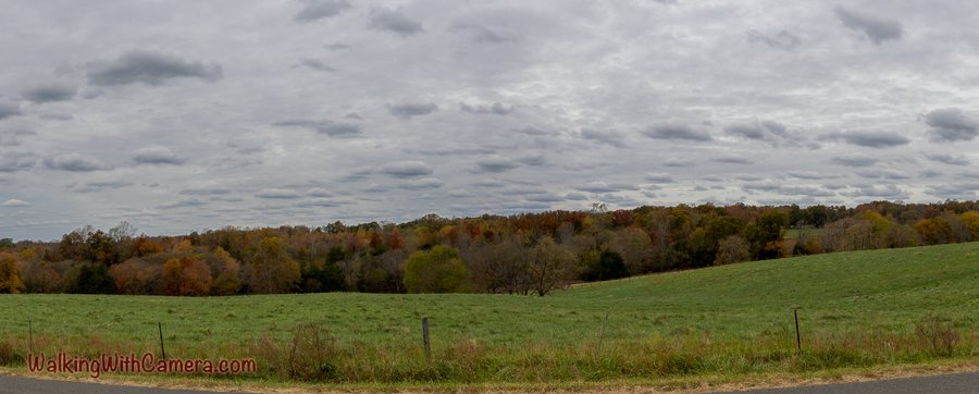 A green field and fence line lead toward autumn woods below textured clouds.