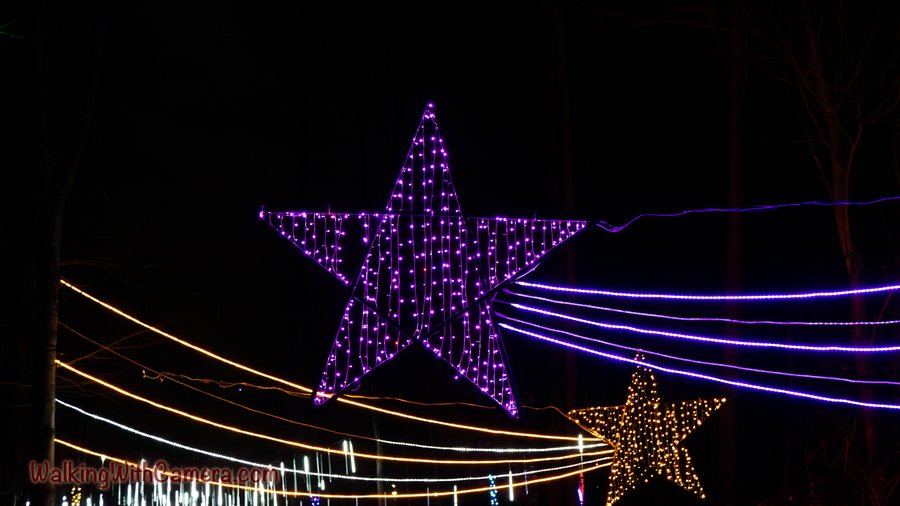 A purple illuminated star hangs above long glowing strands. A smaller gold star and thin bands of light add warm color against the dark background.