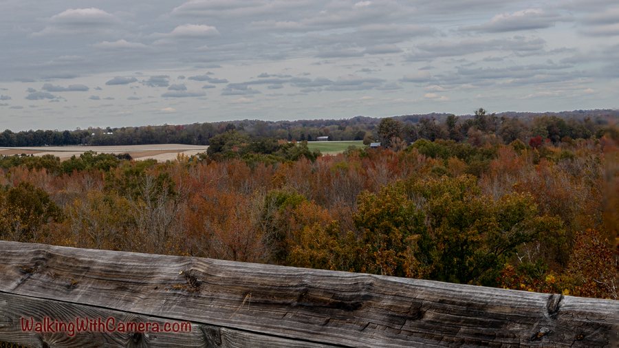 A weathered wooden railing frames a broad view of autumn trees and cloudy sky.