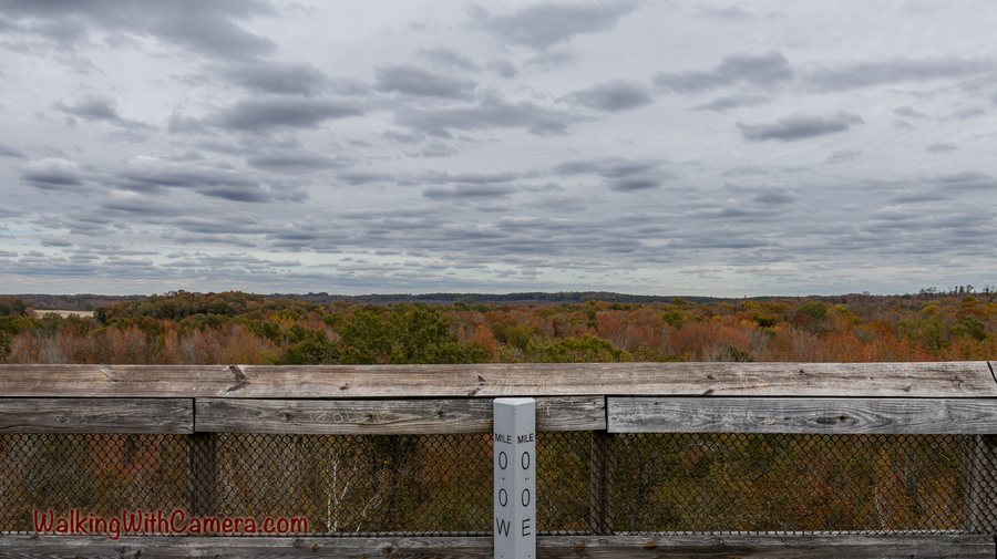 A wooden railing and wire mesh sit in front of autumn trees and an overcast sky.