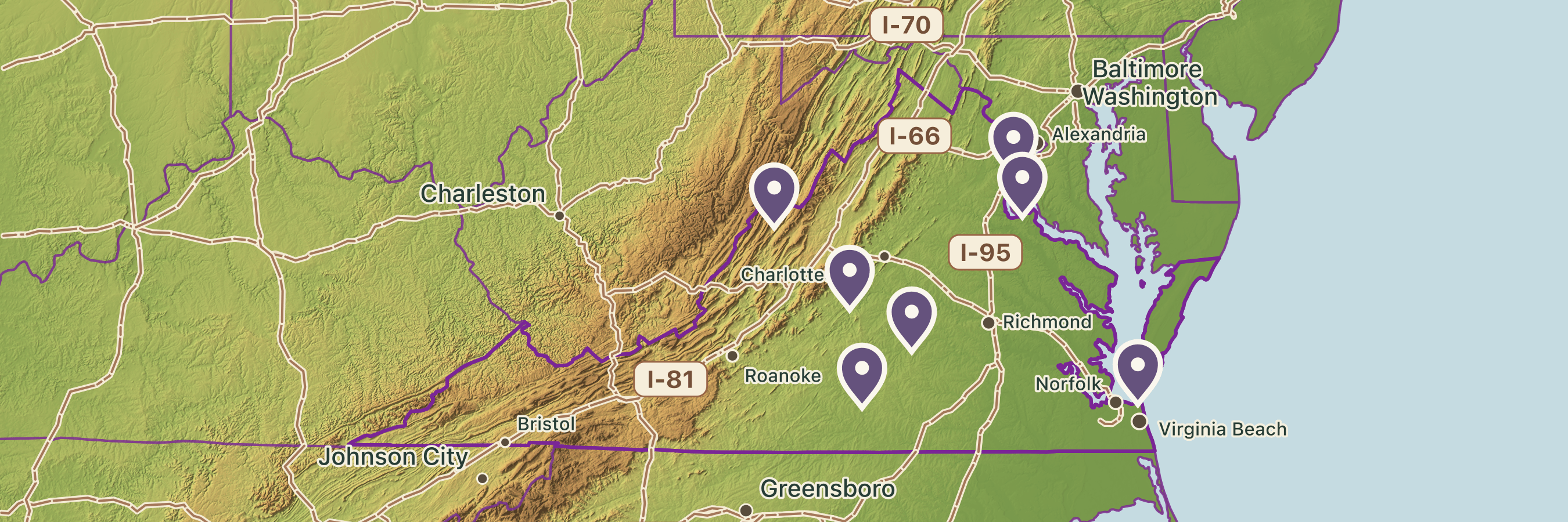 Virginia map with unnumbered pins