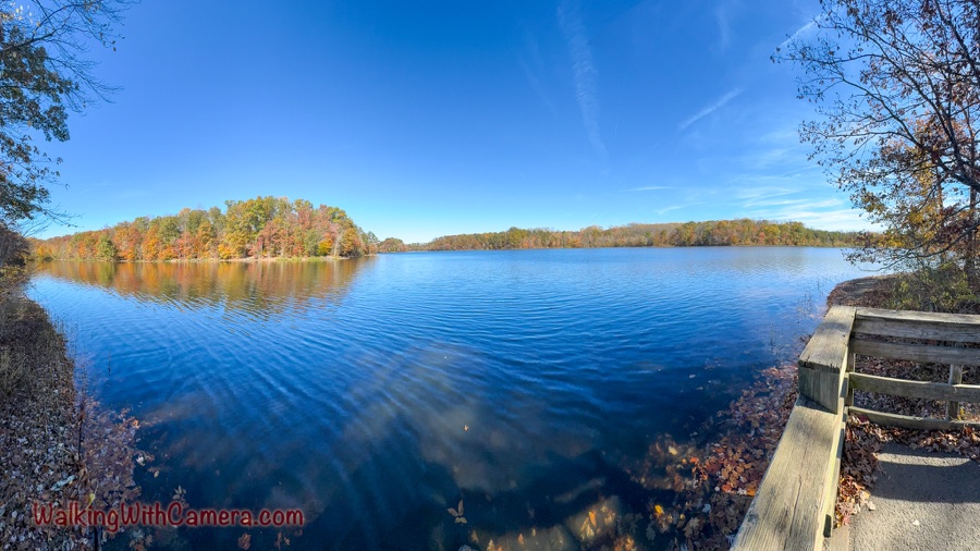 A wide lake view framed by trees and a wooden rail.