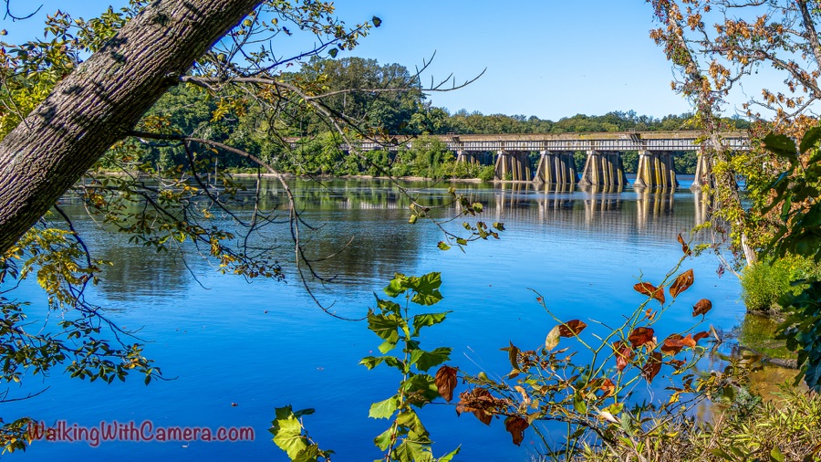 A calm blue river and long dam are framed by tree branches, green foliage, and scattered autumn leaves beneath a clear sky.