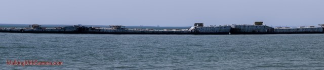 A long row of large ships stretches across the far side of open water.