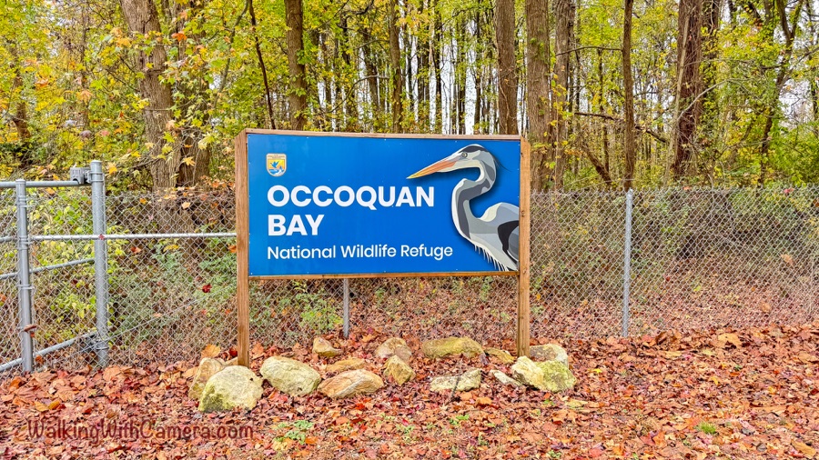 A blue Occoquan Bay National Wildlife Refuge sign with a heron illustration stands in front of a fence and autumn woods.