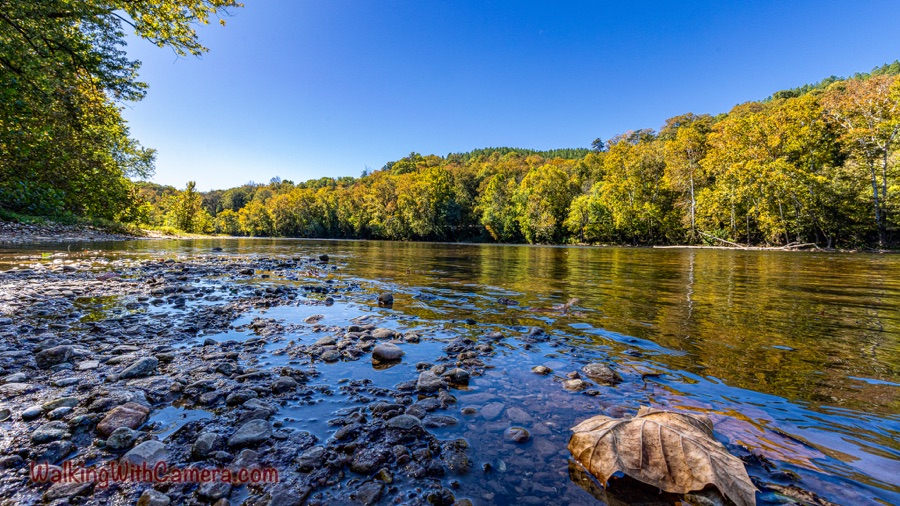 A broad view across shallow river water and a rocky shore toward a wooded hillside with autumn foliage under a clear blue sky; a large leaf rests in the foreground.