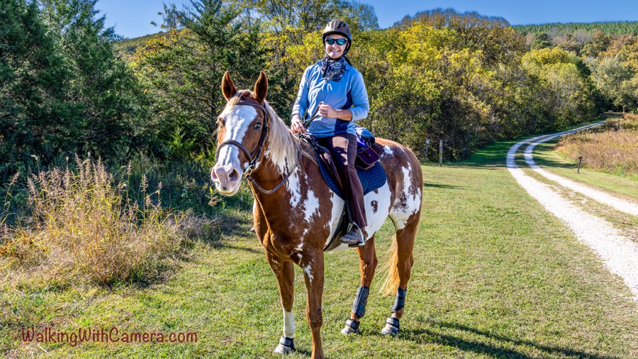 A helmeted rider on a brown-and-white horse pauses on a grassy park trail, with autumn trees and a curving gravel path behind them.