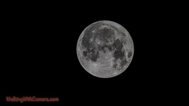 The bright moon shows detailed light and dark surface markings against a black sky.
