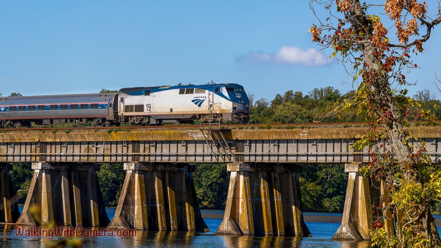 An Amtrak passenger train crossing a trestle above the river beside autumn trees.